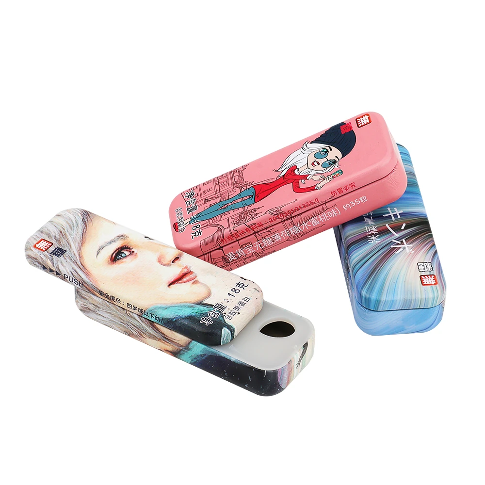 Printed push-dispensing mint and candy tins