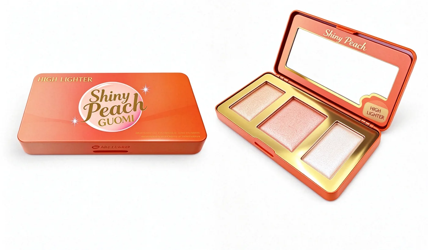 Open printed highlighter tin palette with mirror and fitted cosmetic pans