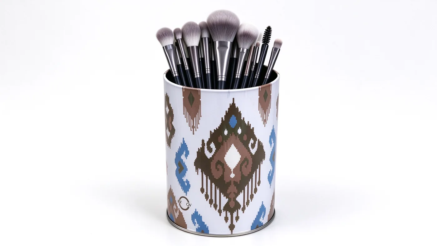Printed cylindrical tin holding makeup brushes