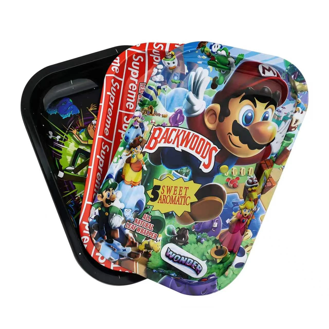 Printed rectangular metal trays showing alternative artwork and raised rims