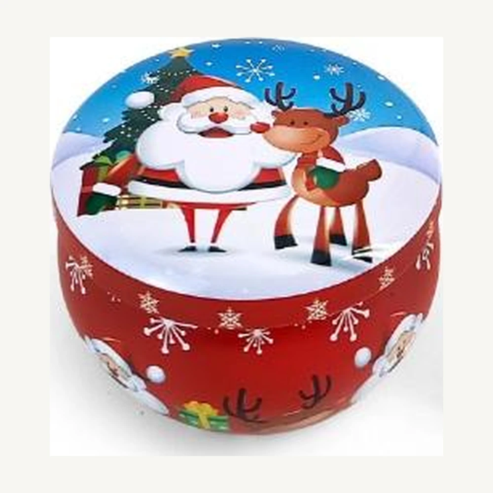 Santa & Reindeer Round Christmas Tin