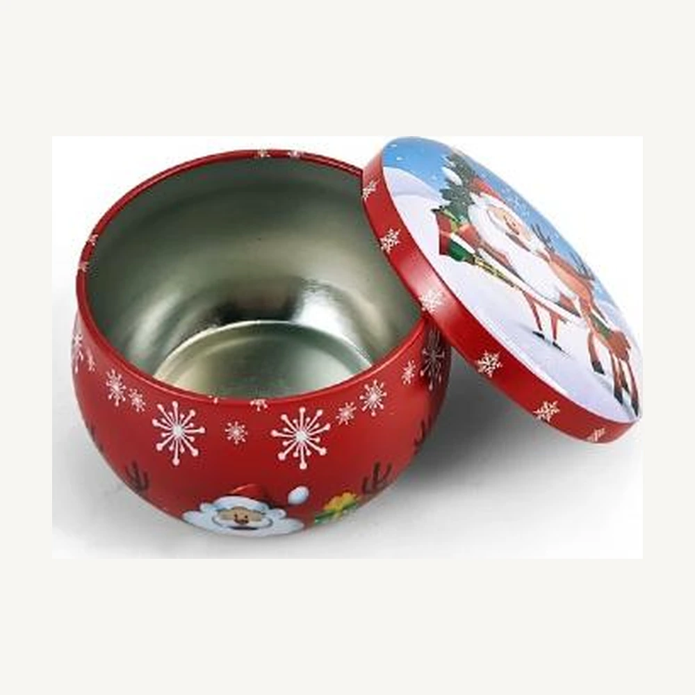 Santa & Reindeer Round Christmas Tin — open view