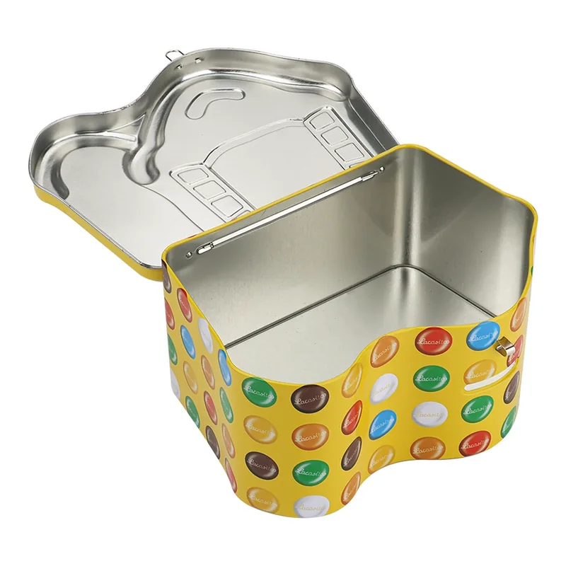 Open house-shaped tin showing the clean tinplate interior and hinged lid