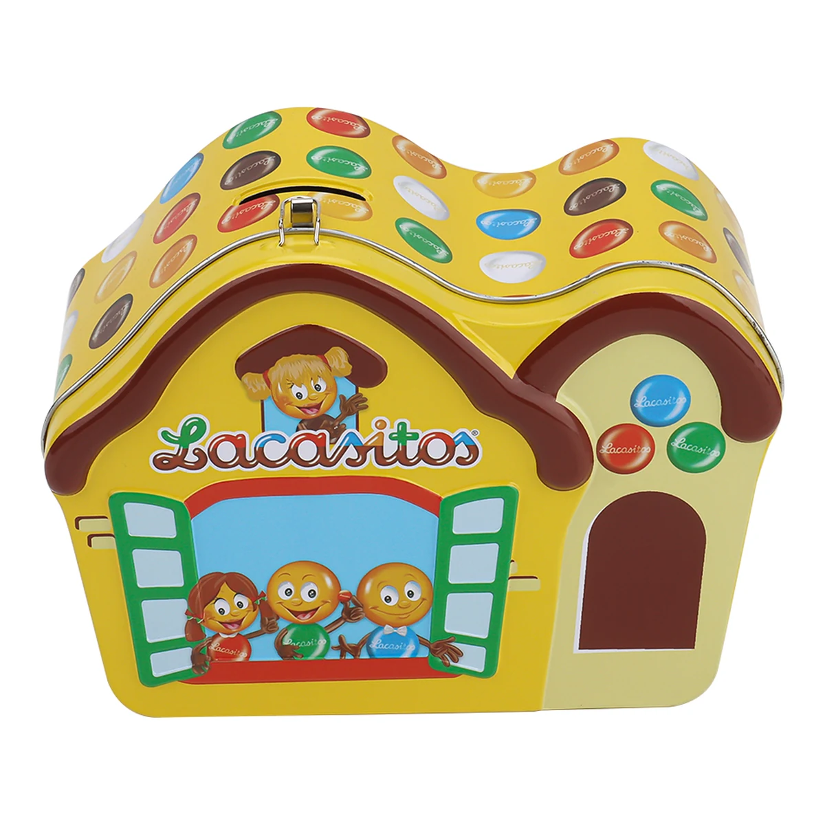 House-shaped yellow hinged gift tin, straight front view