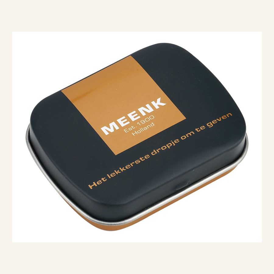 Black and copper branded confectionery tin