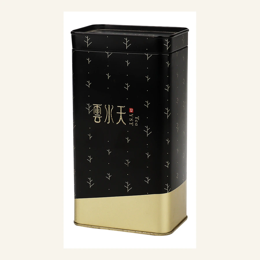 Black and gold rectangular tea canister