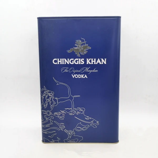 Tall blue rectangular tin reference for a spirits bottle gift pack