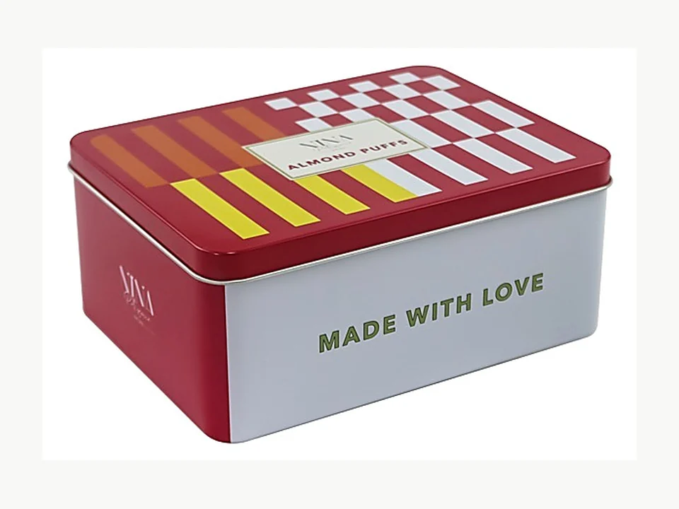 Refined rectangular bakery and gift tin for Western retail